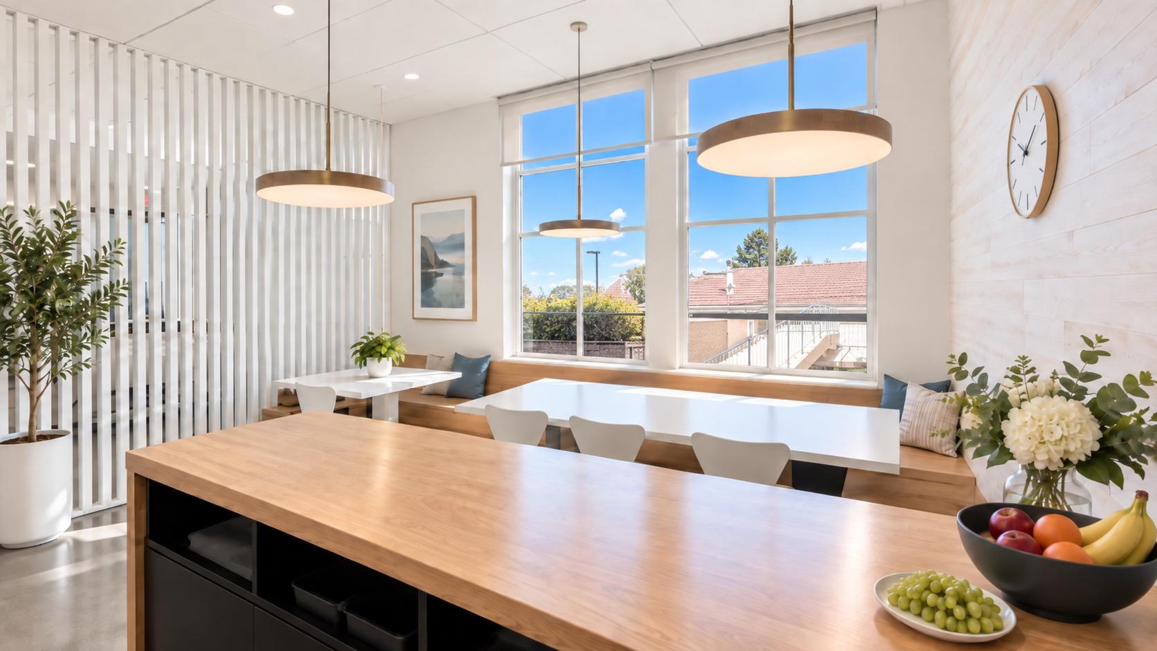 Clean modern workplace breakroom prepared for daily use
