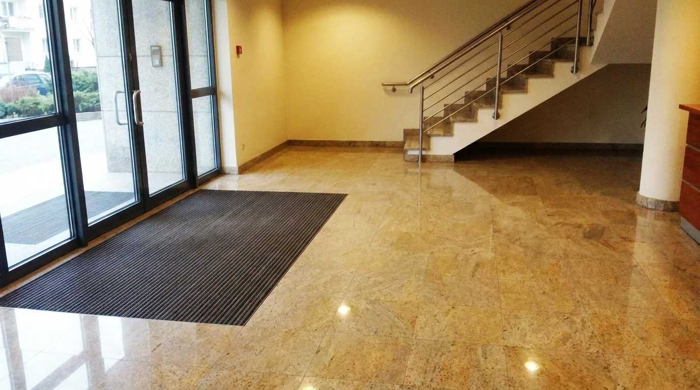 Clean glass entry doors in a commercial building lobby