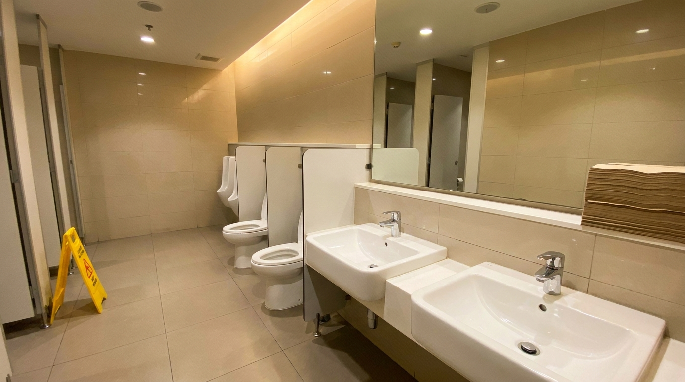 Clean commercial restroom with sinks, mirrors and fixtures